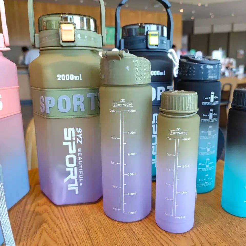 Set Of 3 Sport Water Bottle With Straw, Modernist Ombre Letter Graphic Drinking Bottle,