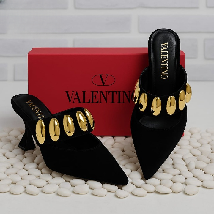 Valentino Garavani Royal VLogo 65 Leather Mules In Black Suede With Gold Tone - 36