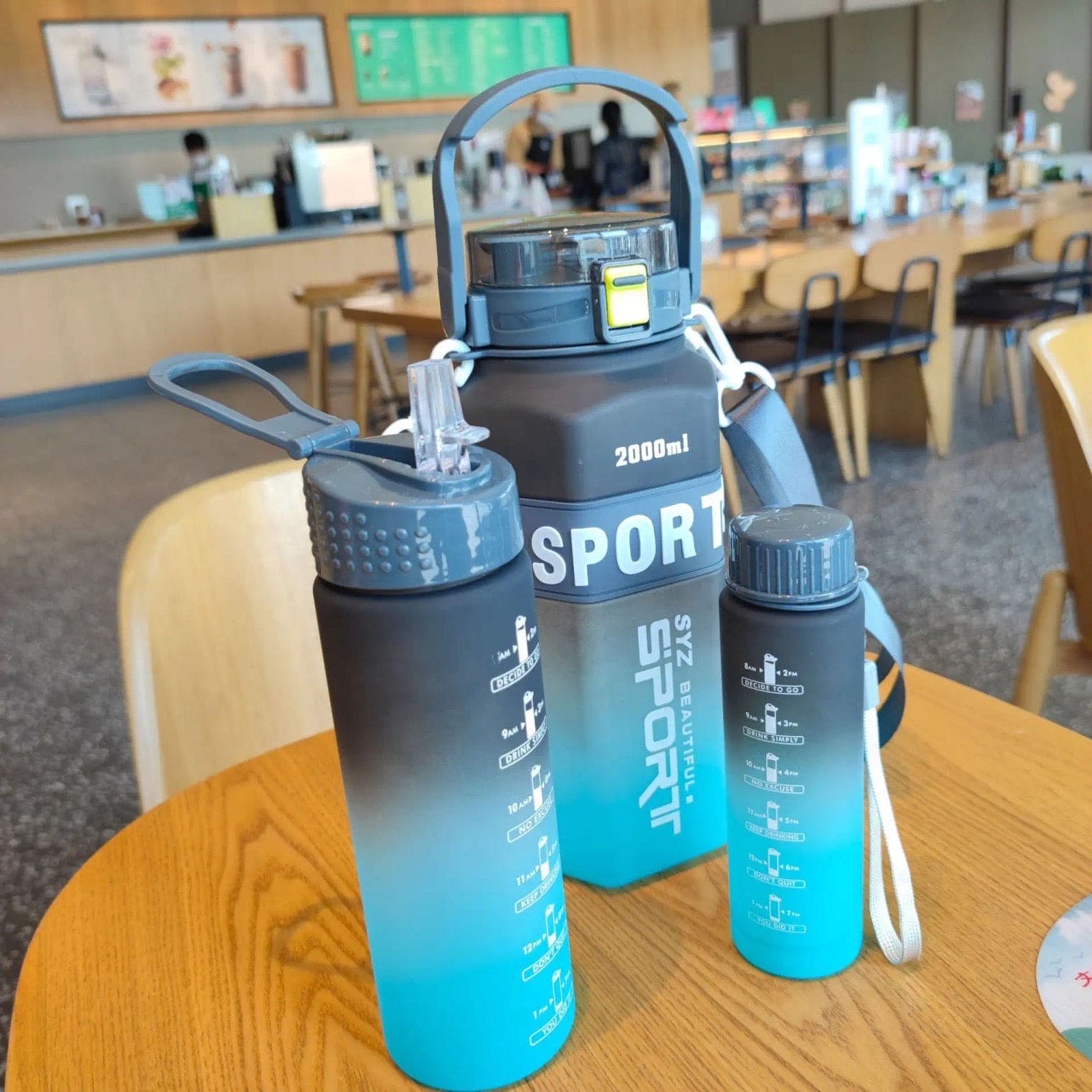 Set Of 3 Sport Water Bottle With Straw, Modernist Ombre Letter Graphic Drinking Bottle,