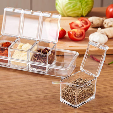 Crystal Seasoning Box With 4 Compartments And Spoons – Transparent Spice Storage Container Set For Kitchen Organization