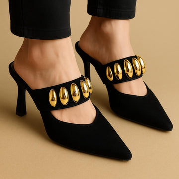 Valentino Garavani Royal VLogo 65 Leather Mules In Black Suede With Gold Tone - 36