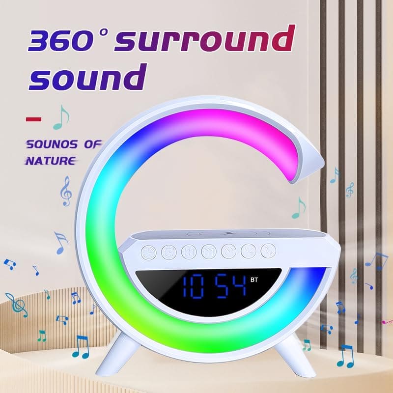 G Lamp Speaker With Digital Clock, RGB Multifunction Wireless Charger Alarm Clock Speaker,