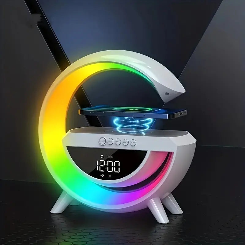 G Lamp Speaker With Digital Clock, RGB Multifunction Wireless Charger Alarm Clock Speaker,