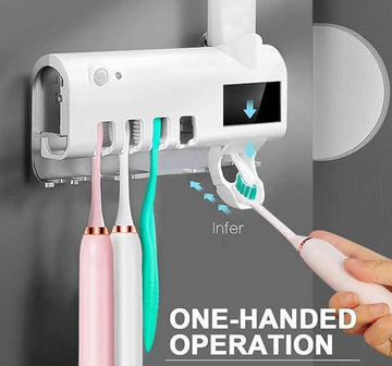 Smart UV Toothbrush Holder and Toothpaste Dispenser Bathroom Toothbrush Holder Wall Mounted Toothpaste Dispenser with Rechargeable Solar Powered Rechargeable USB Charging